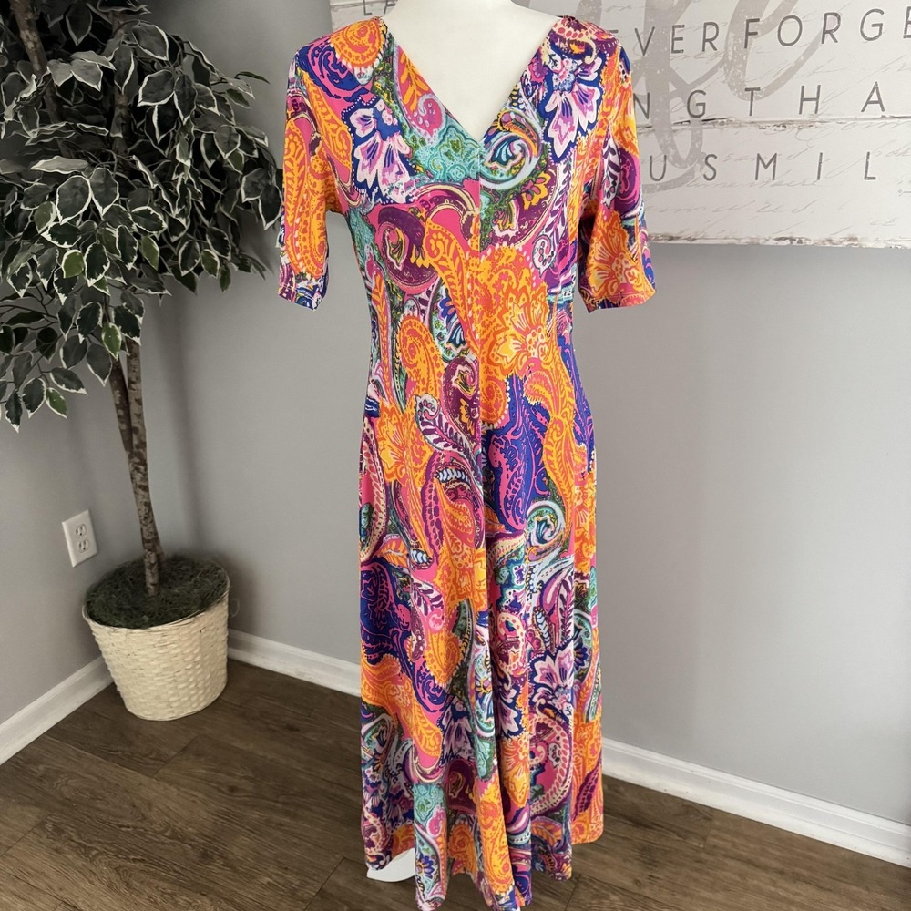 Chaus New York Dress Women Medium Babydoll Artsy Maxi Fit Flare Boho Stretch